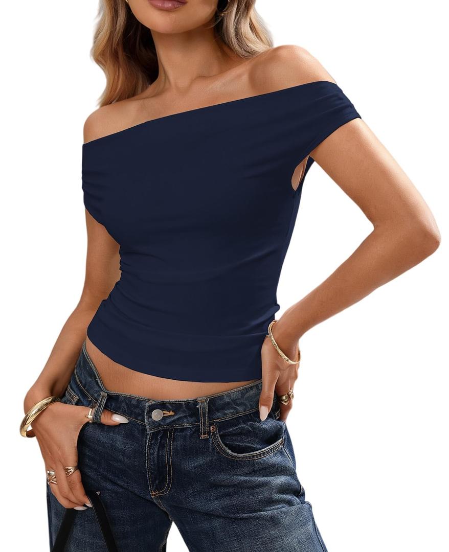 Vidifid Women Off Shoulder Tops Sleeveless Polka Dot Floral Print Shirts Y2K Going Out Casual Crop Tops Streetwear (Blue, M)