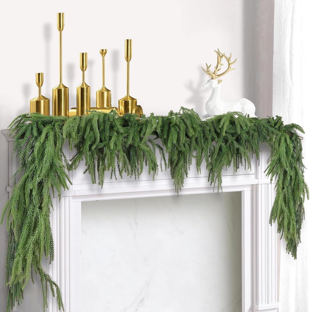 2 Pack Christmas Norfolk Pine Garlands 6FT, Real Touch Artificial Greenery Garland  Full Evergreen Pine Garland for Mantle, Fireplace, Table, Wall, Stairs & Outdoor Holiday Dcor