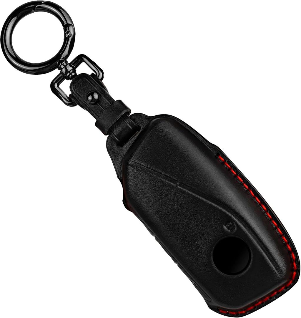 Tukellen for BMW Leather Key Fob Cover Compatible with 2023 2024 2025 2026 BMW 5/7 Series IX I5 M60 X5 X7 X6 IX I7 (Black(Red line))