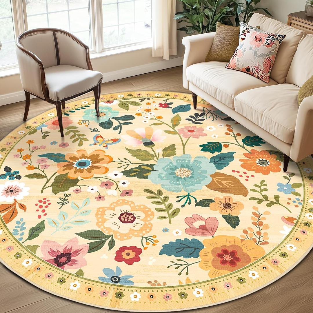 Floral Nursery 8ft Area Rugs Washable Print Boho Cute Carpet Non Slip Flower Low Pile for Living Room Kids Girls Playroom Bedroom Kitchen Office Farmhouse-Ivory/Yellow