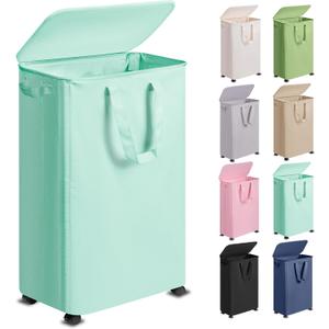 Vincona Slim Laundry Hamper with Lid and Wheels, Small Rolling Laundry Basket with Handle for Small Spaces, Tall Dirty Clothes Hampers for Dorm, Bathroom and Bedroom, 75L, Light Blue