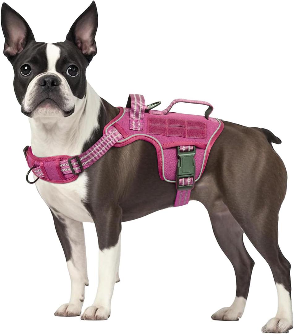 Small Dog Harness, Heavy Duty Tactical No Pull Dog Harness, No Choke, Easy On and Off Pet Vest with Molle System, Adjustable Reflective Dog Vest with Breathable Padded for Walking Hiking Training (S(Neck:16-22",Chest:20-28"),18-35 lbs, Pink)