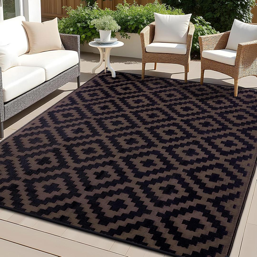OLANLY Waterproof Outdoor Rug 6x9 ft, Outdoor Plastic Straw Rug for Camping, RV Mat Outside, Outdoor Carpet for Porch, Deck, Backyard, Balcony, Picnic, Black & Brown