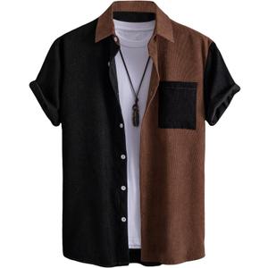 Milumia Men's Casual Button Up Shirt Pocket Short Sleeve Colorblock Blouse Tops (Medium, Black and Brown)