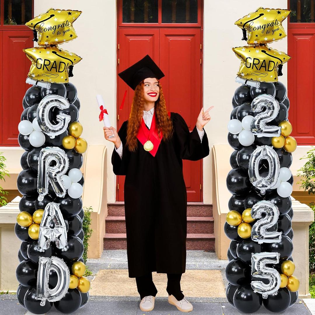 Hungdao 2 Sets Graduation Balloon Column Stand Kits with 174 Balloons 6.6ft Black Gold Balloon Tower Stand Kit with Base 2025 Graduation Adjustable Decorations for Grad Party Decor Supplies