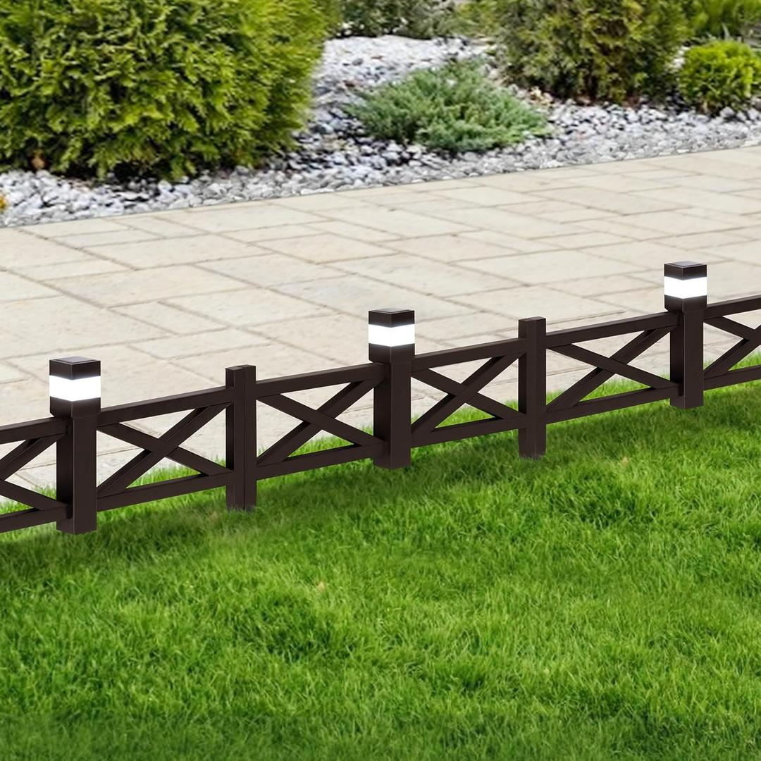 Sunjoy Garden Fence Solar Border Fencing with Waterproof LED Path Lights, Metal Lattice Fence Panel Outdoor Decorative Garden Fences(5PK), Brown