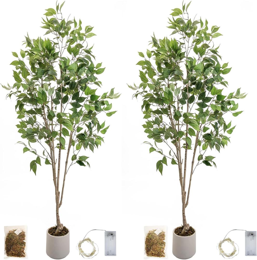 Artificial Fake Ficus Tree 6FT Tall 2Pack with String Lights & White Planter & Free Moss, Artificial Plants Indoor, Artificial Trees for Home Decor Indoor, Faux Ficus Tree