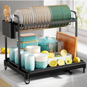 2-Tier Dish Drying Rack - Stainless Steel Dish Rack with Cutlery & Utensil Holders for Kitchen Counter, Sink Organization and Storage for Small Family, 16.7" W x 12.7" L x 15.8" H, Gray