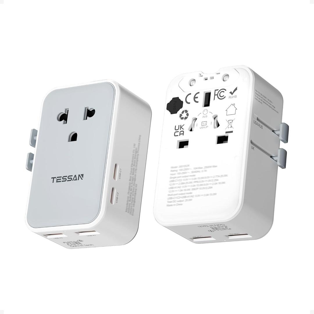 TESSAN Universal Travel Adapter PD 25W, Ultra Thin International Power adapter Fast Charger, Worldwide Plug Adaptor with 2 USB A 2 USB C for US to European UK Australia Ireland (Type C G A I)