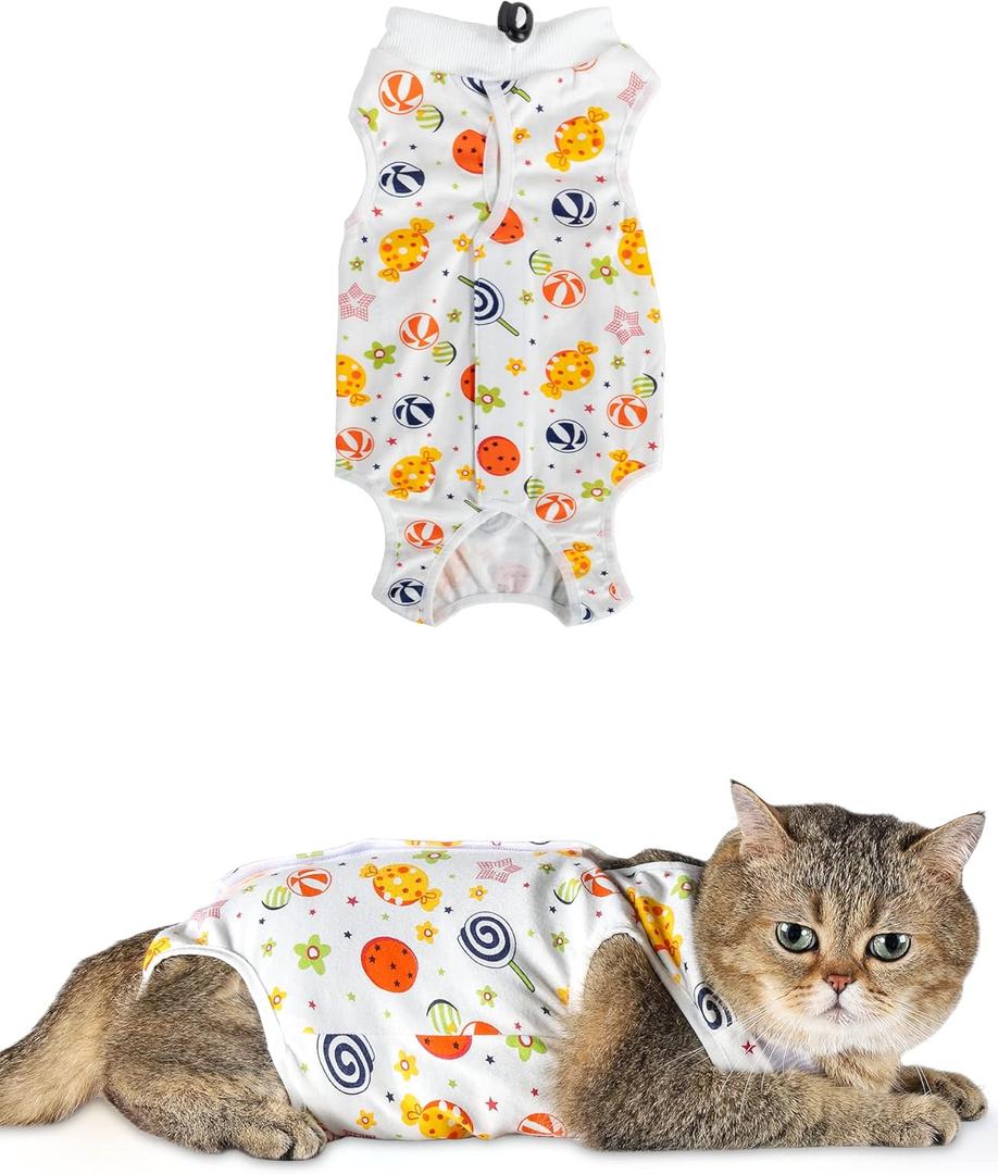 ANWA Cat Recovery Suit - Breathable Cat Onesie for Cats After Surgery Female, Kitten Surgery Recovery Suit Female Abdominal Wounds (Small, Candy)