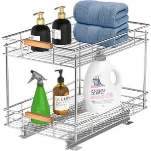 Mount Walker Pull Out Cabinet Organizer(14" W x 21" D), 2 Tier Slide Out Shelves with Wood Handle, Sliding Drawer Pull Storage Shelf for 15-1/4” Cabinet Opening, Chrome