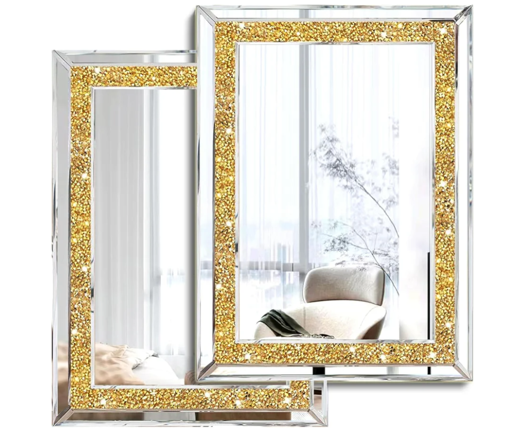 2 Piece Wall Mirrors, Crush Diamond Wall Decor, Gold Color Decorative Mirrors for Living Room, Bedroom, Bathroom. (11'x15')