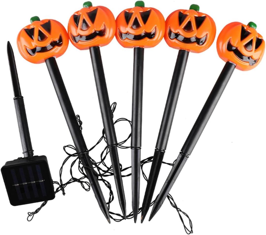 Ochine Solar Halloween Pumpkin Garden Stake Lights for Halloween Decorations, Halloween Ghosts Pathway Lights, Skull Pathway Stake Lights Waterproof, Skeleton Pathway Markers for Halloween Decor