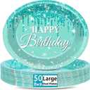 50Pcs Teal and Silver Birthday Oval Paper Plates 11Inch Large Blue Glitter Diamonds Platters Happy Birthday Party Decors Heavy Duty Dish Tray for Girls Women Birthday Gathering Tableware Set Supplies