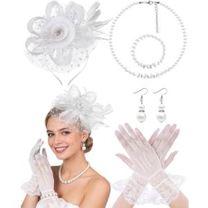 1920s Vintage Fascinators Hat Set for Women Tea Party Hats Veil Mesh Feather Headband Lace Gloves Set (White)