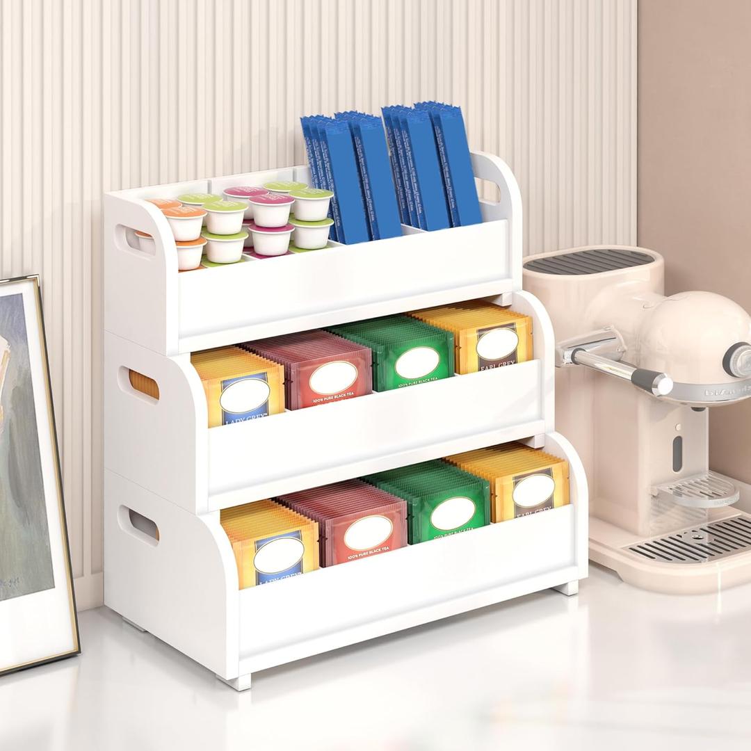 Wisuce Tea Holder for Tea Bags Organizer - White Bamboo Tea Organizer for Tea Bags 3-Tier Stackable Wall Mount Large Capacity Tea Storage Box to Pantry Countertop Kitchen Office