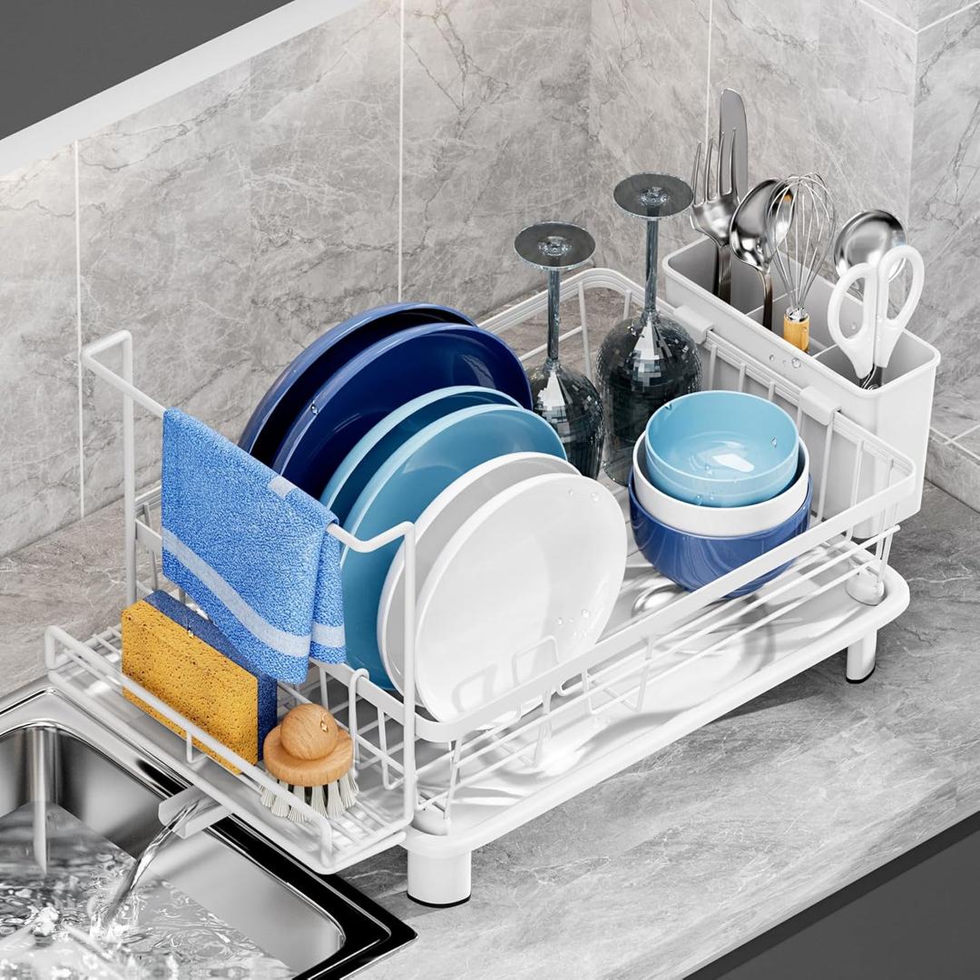 Dish Drying Rack, Stainless Steel-Dish Rack, Dish Racks for Kitchen Counter, Kitchen Dish Drainers with Removable Utensil Holder,New drain outlet,Plate Rack and Drainboard,(white 2 with Sponge Rack)