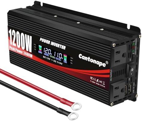 Cantonape 1200W Car Power Inverter DC 12V to 110V/120V AC Converter with LCD Display Dual AC Outlets and Dual USB Car Charger for Car Camping Laptop Truck Black