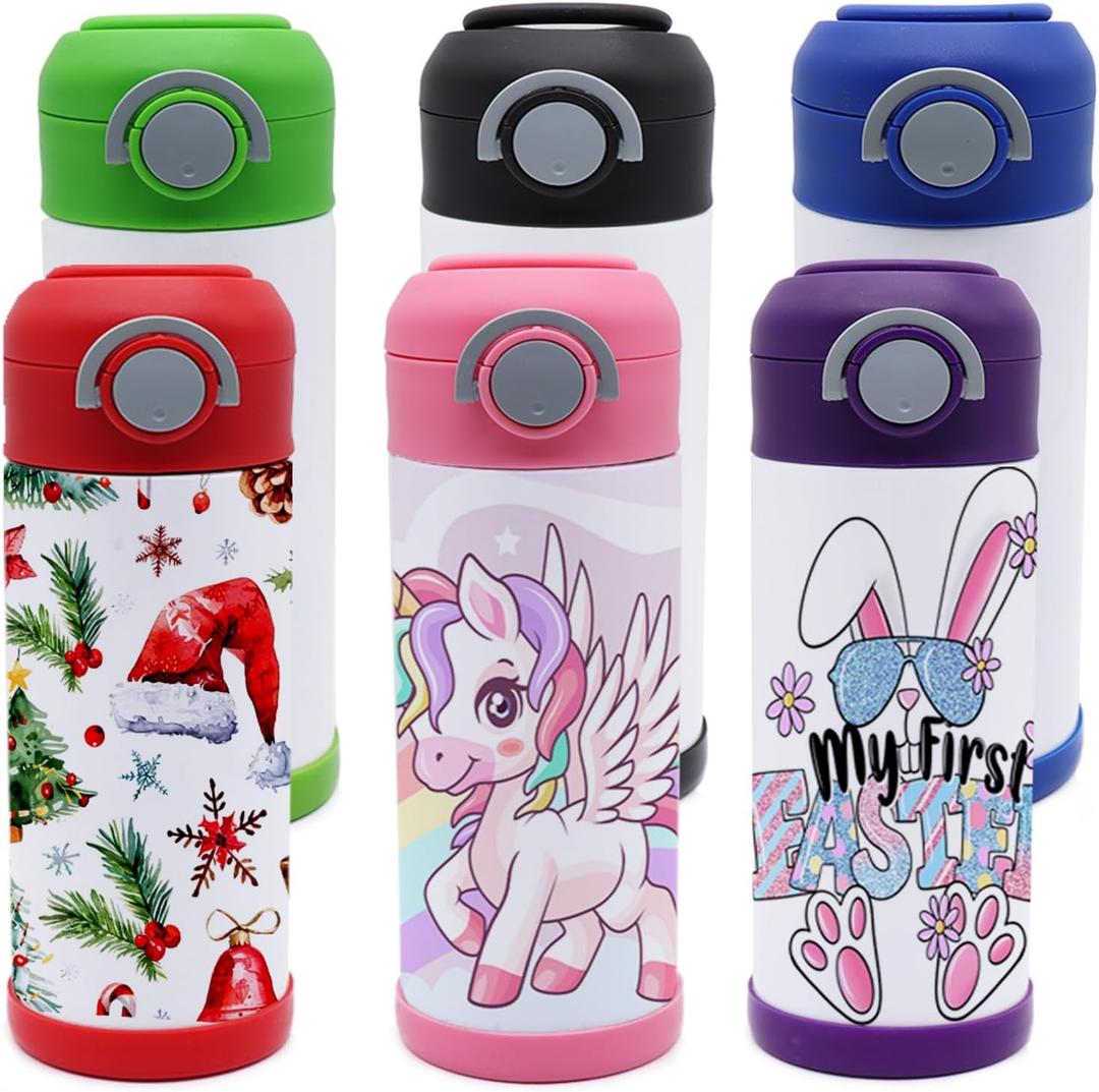6pack Mixed coloer 12oz sublimation tumbler kids sippy cup blank stainless steel thermos kids water bottle for school toddler cups spill proof with straw and lid