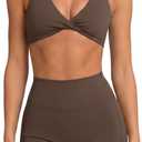 SUUKSESS Women 2 Piece Workout Sets Twist V Neck Sports Bra Yoga Gym Biker Short (Brown, S)