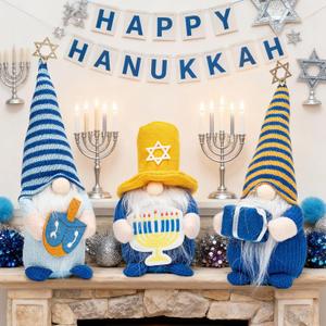 DraMosary Hanukkah Gnome Decor, 3PCS Handmade Chanukah Gnomes Plush with Chanukah Menorah and Jewish Gifts for Hanukkah Decorations Party Supplies