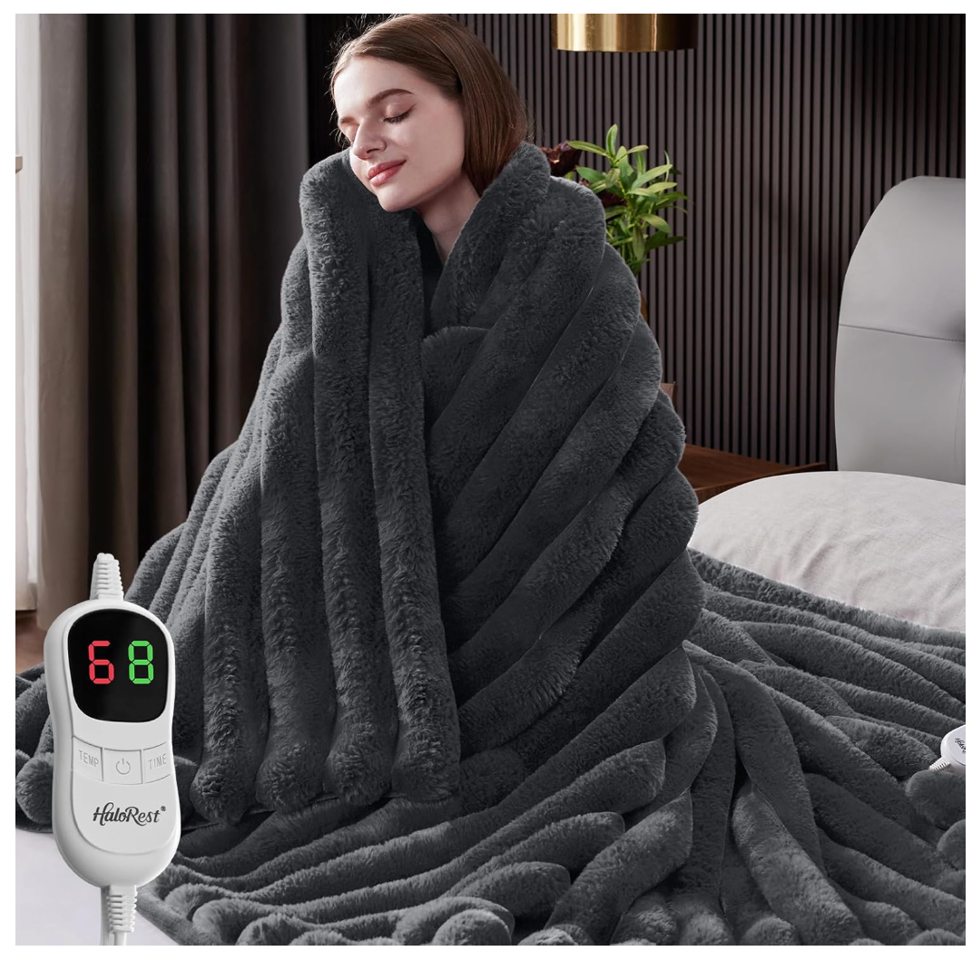 HaloRest Heated Throw Blanket, Faux Fur Cozy Heating Blanket with Overheat Protection, 1/2/4/6/8 Hours AutoOff 10 Heat Level, Machine Washable (50x60 Inches, Darkgrey)