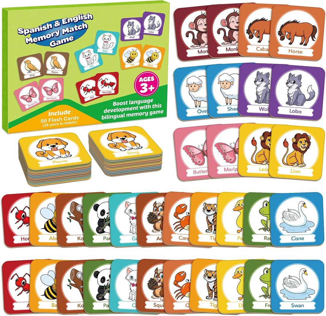 3 x Memory Card Game, Toddler Match Game, Learn Spanish for Kids, Bilingual Flash Cards, Learning Toys for 4 Year Old, Preschool Learning Activities, Homeschool Supplies, Kindergarten Toys