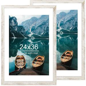 24x36 Poster Frame Set of 2, Distressed White Wood Style - Display 24 x 36 Poster without Mat or 20x30 Picture with Mat, Wall Mounting Horizontal and Vertical