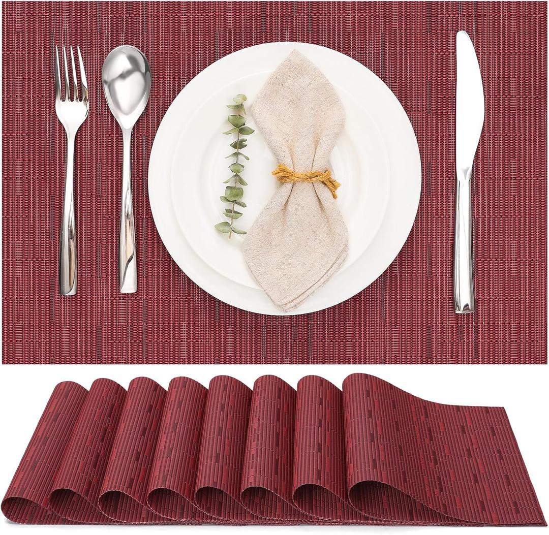 Myir JUN Placemats Set of 8, Vinyl Woven Placemats Place Mats Indoor Set of 8 Washable Table Mats Non-Slip Place mats for Dining Table (Red, Set of 8)