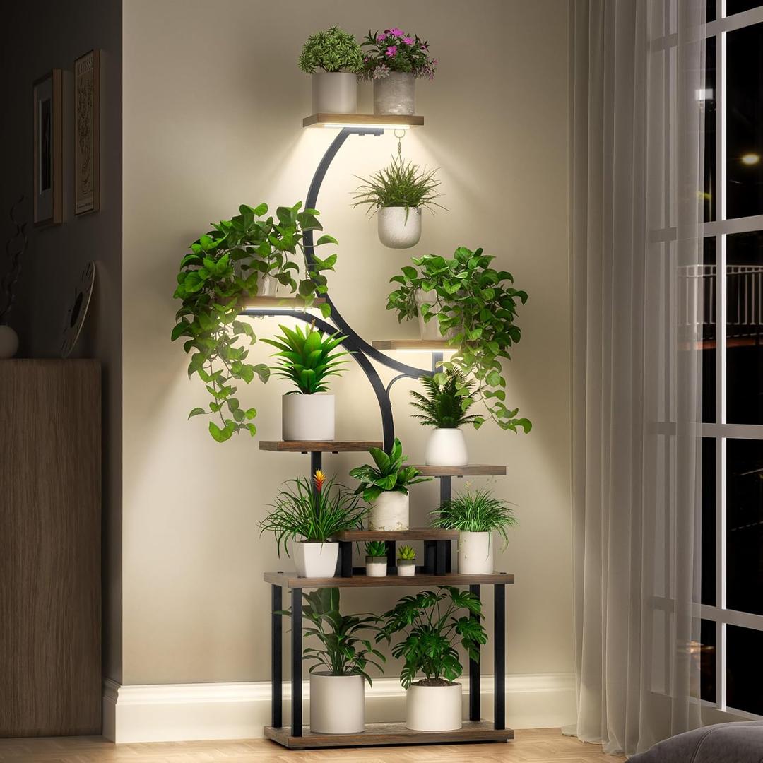 Plant Stand Indoor with Grow Light, 8 Tiered 66" Tall Plant Shelf, Corner Large Plant Stand for Indoor Plants Multiple, Metal S-Shaped Plant Flower Holder, for Living Room, Patio, Balcony