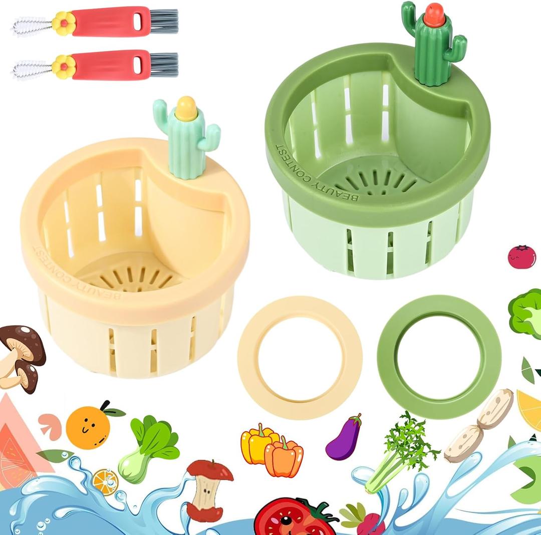 Upgraded Automatic Pressing Sink Filter, Cactus Sink Strainer, Kitchen Waste Collector Filter, Kitchen Accessories Sink Drain Stopper, and Cleaning Brush (2, Green+Yellow)
