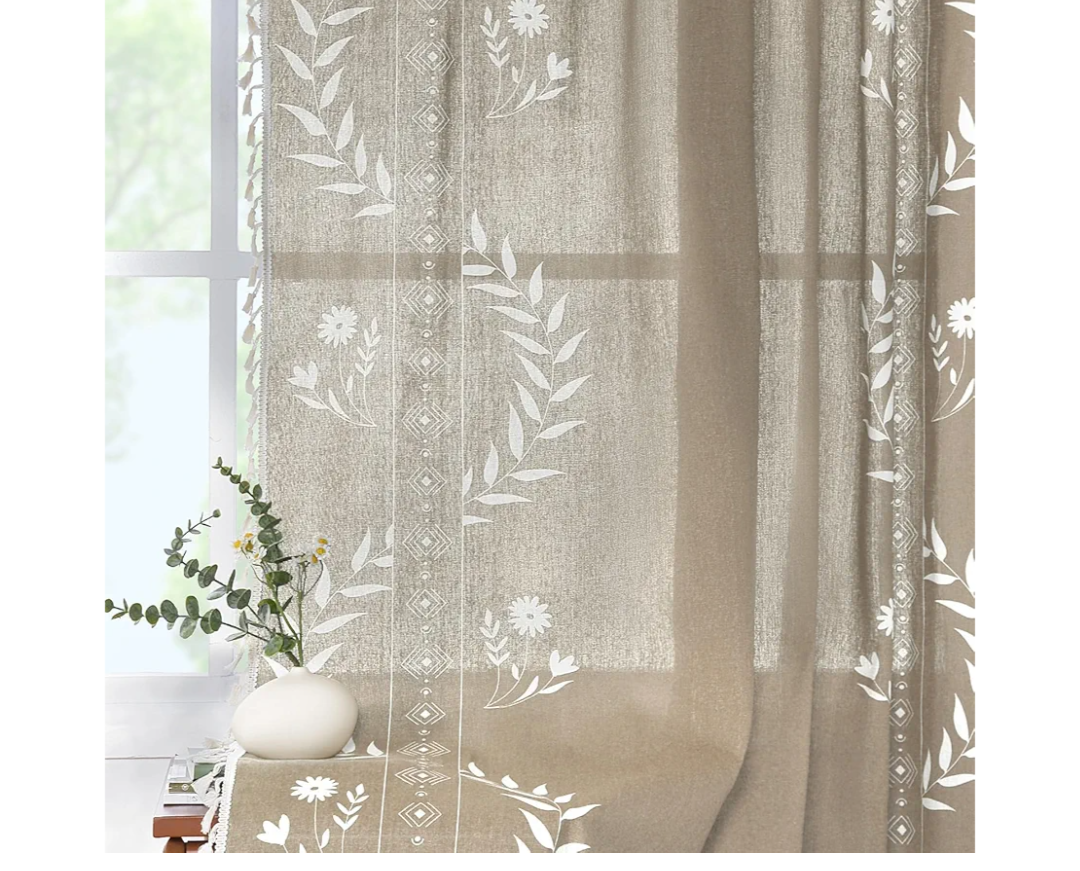 Schweek Tan Boho Curtains for Living Room 84 Inches 1 PanelLinen Floral Cute Curtains Semi Sheer Country Rustic Window Western Curtain