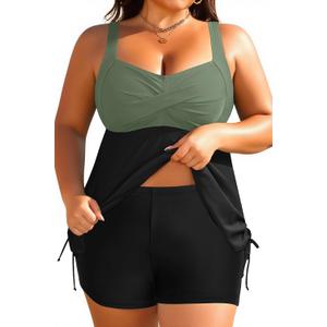 Aqua Eve Women Plus Size Tankini Swimsuit Two Piece Flowy Swimdress Bathing Suits with Shorts (Olive Green, 16W )