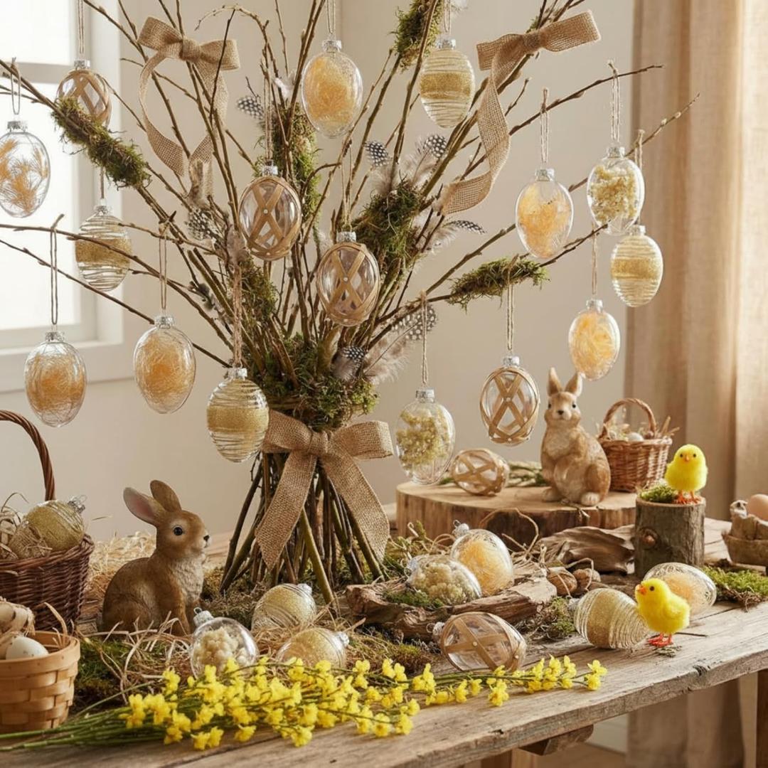 Seenelling 20 Pcs 2.75'' Glass Easter Egg Tree Ornaments Rustic Boho Easter Tree Hanging Decorations Farmhouse Basket Filler Clear Shatterproof Hanging Ornaments for Home Spring Holiday Party Decor