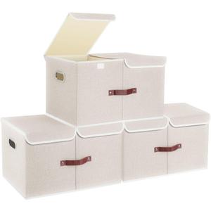 TYEERS Extra Large Collapsible Storage Bins with Lids and Compartments, Washable, Fabric Storage Boxes, 21.7x13x11.8 inches, 3 Pack, Beige