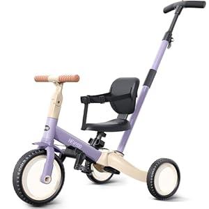 newyoo Toddler Tricycle with Push Handle for 1-3 Year Old, Toddler Bike, Birthday Toy for Boys and Girls, 5 in 1 Kids Trike, Balance Bike with Backrest and Safety Belt, Purple, TR007