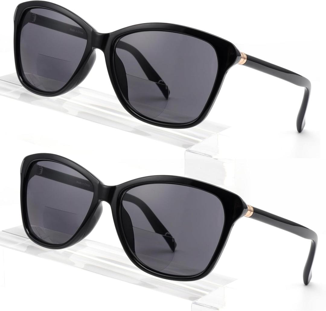 Premium Bifocal Reading Sunglasses for Women, Retro Cateye Sun Readers UV400 Protection, Classic Shades (2PC Black, 3.0)