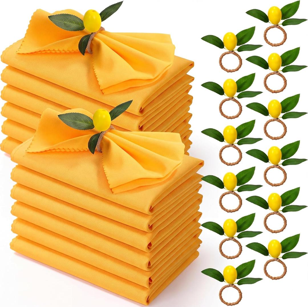 Preboun 24 Pcs Yellow Cloth Napkins with Lemon Napkin Rings