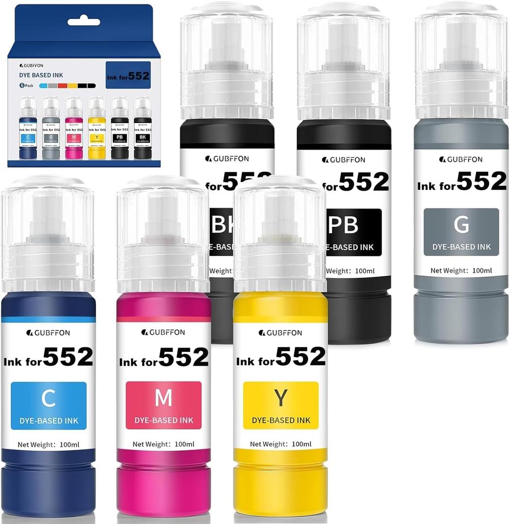 Compatible for 552 Ink 600ml Refill Ink Bottle Replacement for EcoTank Photo ET-8550 ET-8500 Printer High Capacity 6-Pack (Not Sublimation Ink)