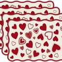 FoldTier 4 Pcs Valentine's Day Red Hearts Placemats, 12 x 18 Inch Scalloped Placemats Anniversary Holiday Table Mats for Kitchen Dining Wedding Anniversary Valentine Decorations Party Decor