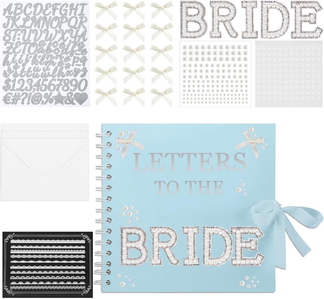 Letters To The Bride Scrapbook Wedding Memory Book DIY Bridal Blank Paper Scrapbook Photo Album with White Lace Stickers Silver Alphabet Sticker Pearl Patches Envelopes Bows (Blue)