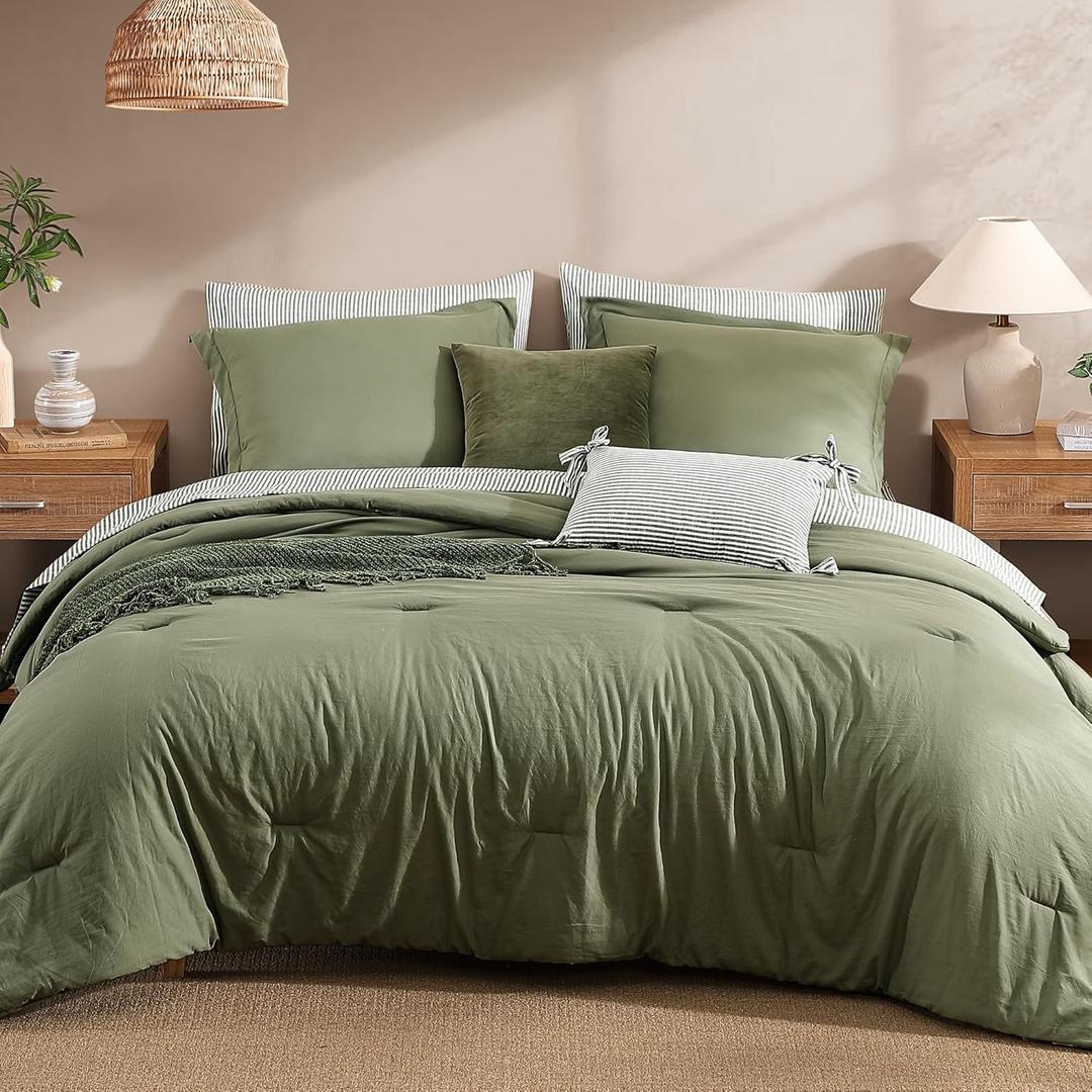 Monbix King Size Comforter Set - 7 Pieces Olive Prewashed Bed in a Bag King Bedding Sets with Comforters, All Seasons Ultra Soft Comforter Bed Set with Sheets,Pillowcases & Shams