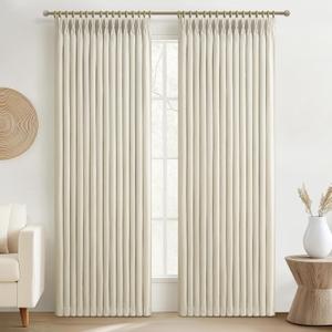 Unique Pinch Pleated Blackout 80 Inch Room Divider Curtains 2 Panels Set, Cream Memory Shape Insulated Dual Layer Thick Natural Linen Privacy Sound Dampening Modern Windows Curtain with Hooks & Rings