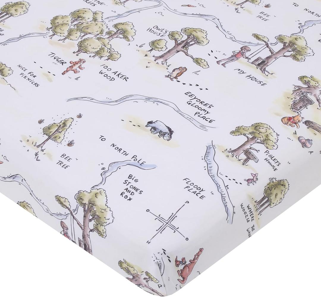 Disney Classic Winnie The Pooh Sage, Tan, and White, Map of 100 Acre Woods Super Soft Nursery Fitted Mini Crib Sheet