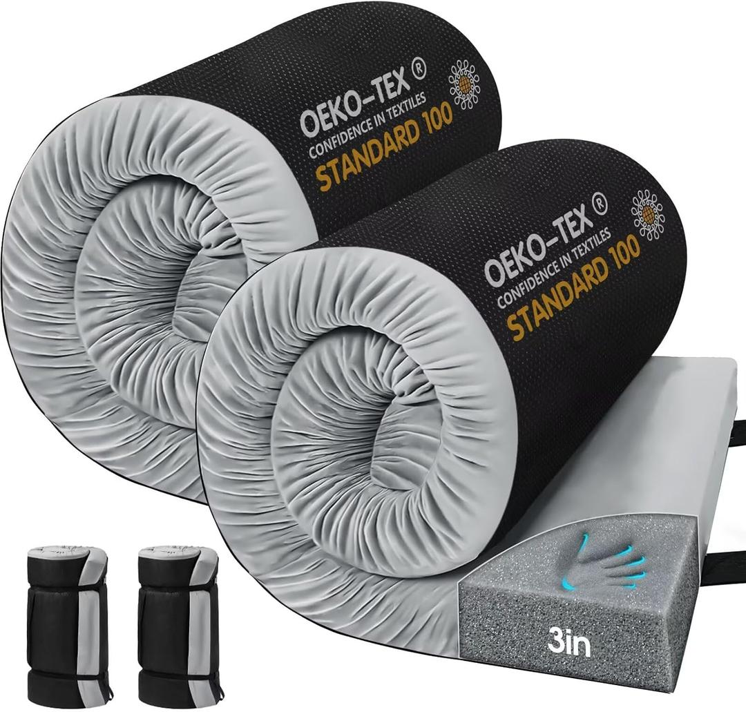 CYMULA Memory Foam Camping Mattress Pad,3inch Sleeping Pad for Camping,Non-Slip Bottom Floor Cot Car Mattress Bed with Retaining Portable Roll up Mattress Pad Mat for Travel Truck Guest Bed Tent (2PACK Cot:74*24*3, GREY)