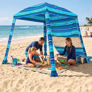 HOMEDEMO 6'6' Beach Cabana, Beach Canopy Tent Easy Set up and Take Down with Sand Pockets, Big Sandy Anchor, Elongated Side Wall Cabanas for Sand, Dark Blue Stripes, 6x6 feet