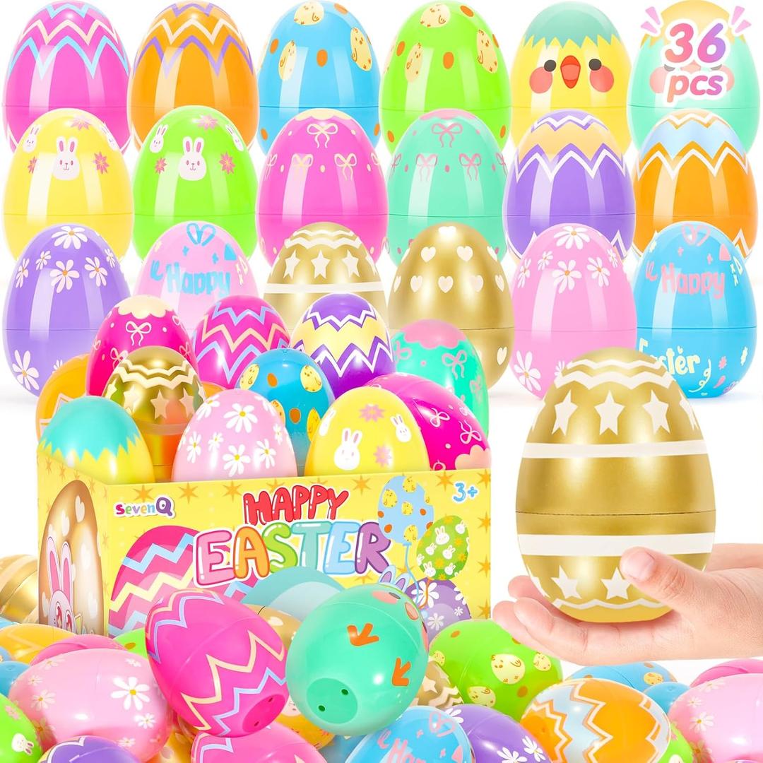 SevenQ Plastic Easter Eggs Empty Fillable 36 Pcs 3.15" Printed Colorful Egg for Hunt Basket Stuffers for Teens Pinata Goodie Gift Bags Fillers Treats Treasure Box Toys Classroom Party Favors Supplies