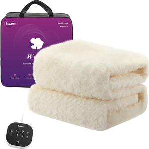 Bwarm Multi-Zone Heated Mattress Pad Twin XL Wool Electic Mattress Pad, Touchscreen Bed Warmer with 9 Heat Settings, 1-12 Hours Auto Off Memory Deep Pocket,Machine Wash White Twin XL 39" x 80"