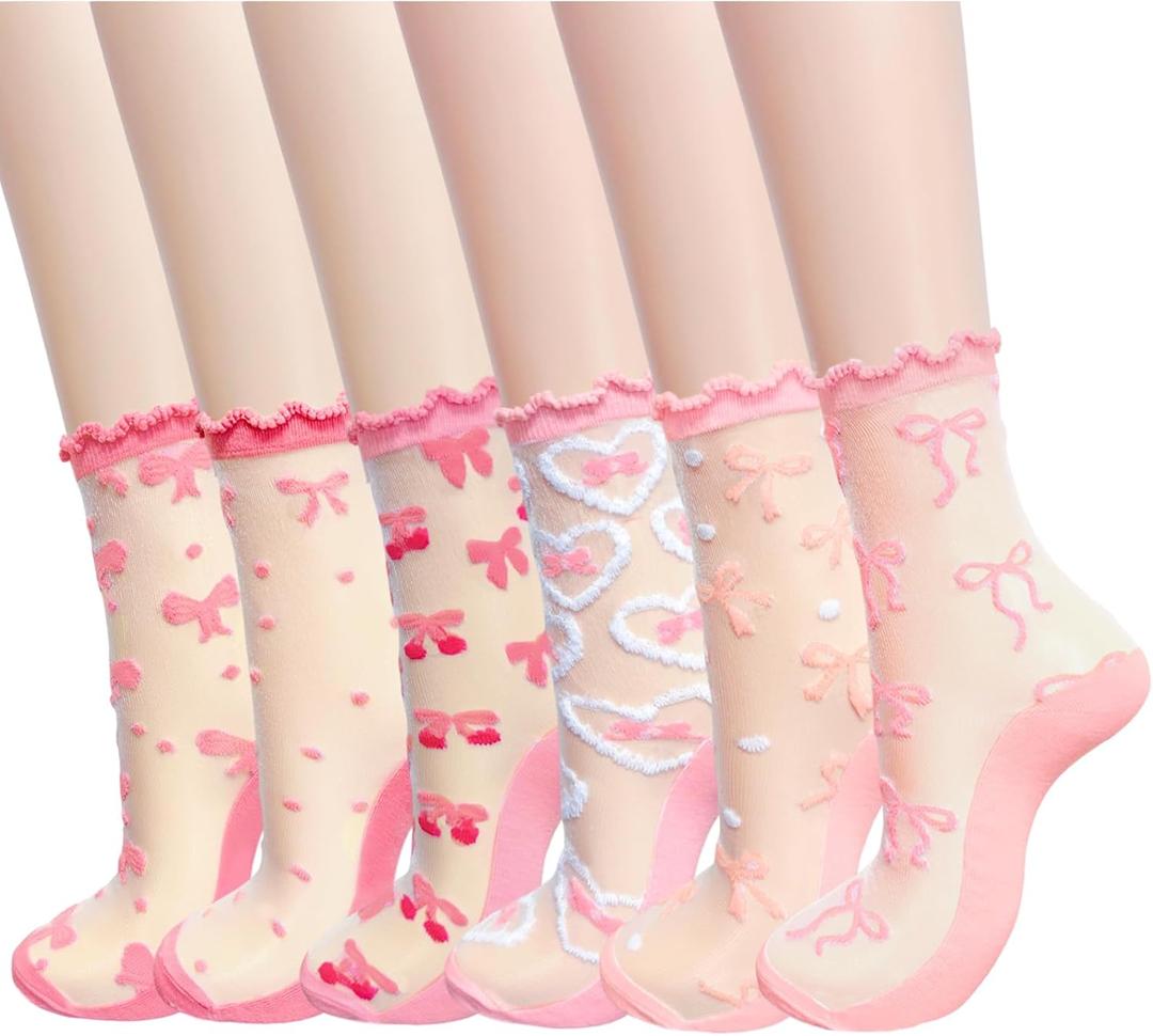 6 Pairs Bow Sheer Socks, Cute Ruffle Frilly Lace Socks for Women Girls Summer Thin Sock