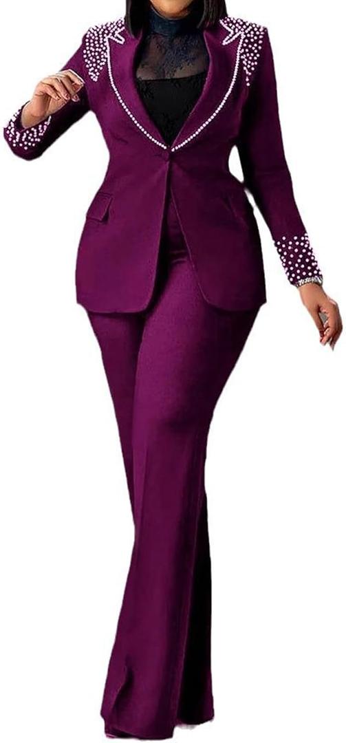 Tcremisa Womens Fashion Pants Suit 2 Piece Business Outfits Pearls Long Sleeve Blazer and Slim Fit Pants Sets Size M